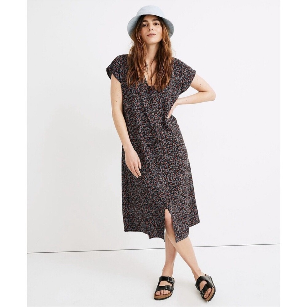 Madewell Easy Midi Button Down V Neck Dress in Fieldwalk Floral Size xSmall